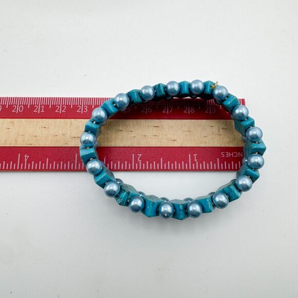 Turquoise Howlite Faux Pearl Beaded Stretch Bracelet Chunky Boho Southwestern - Picture 7 of 7